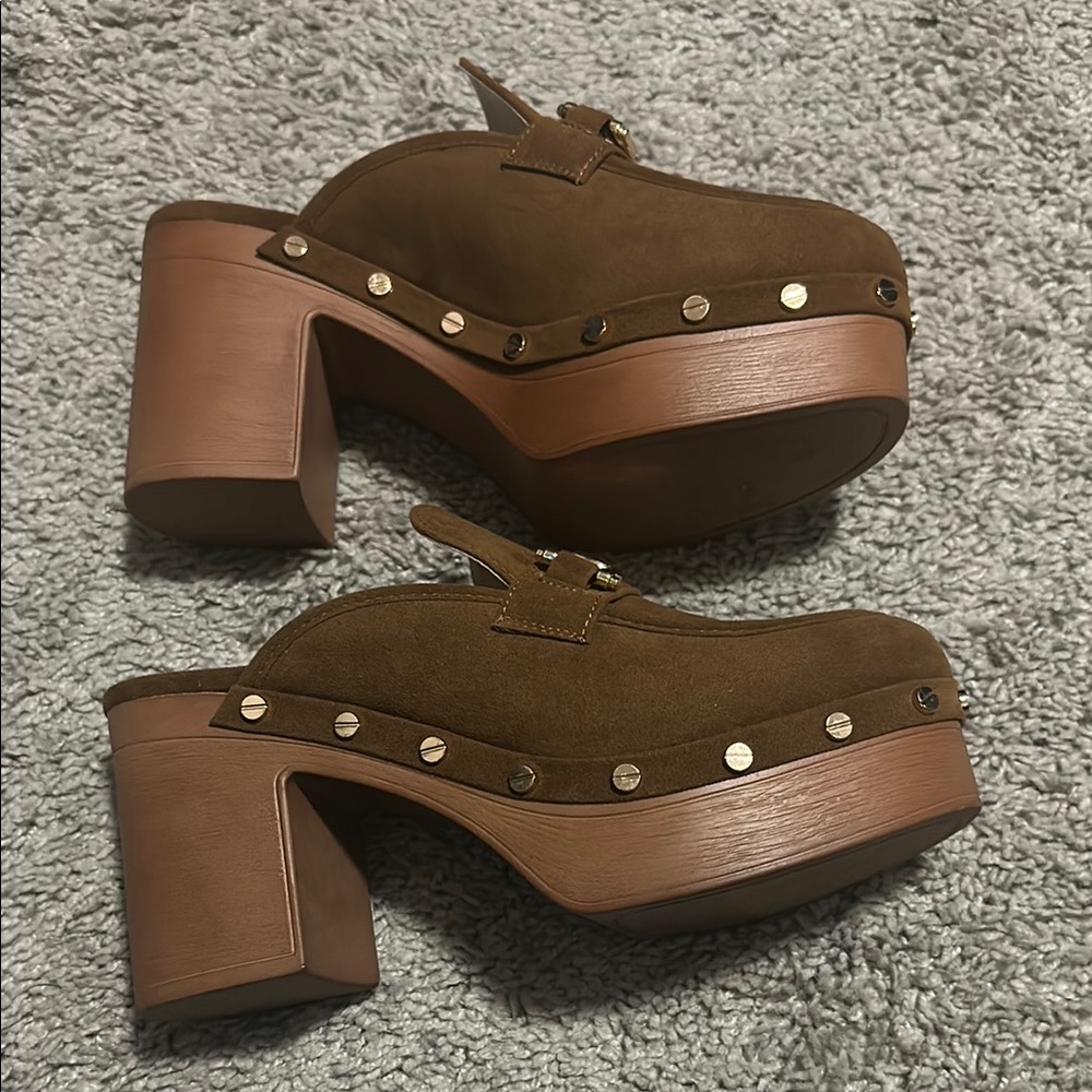 NWOT Brown Suede Mules with Gold Accents - Picture 3 of 6